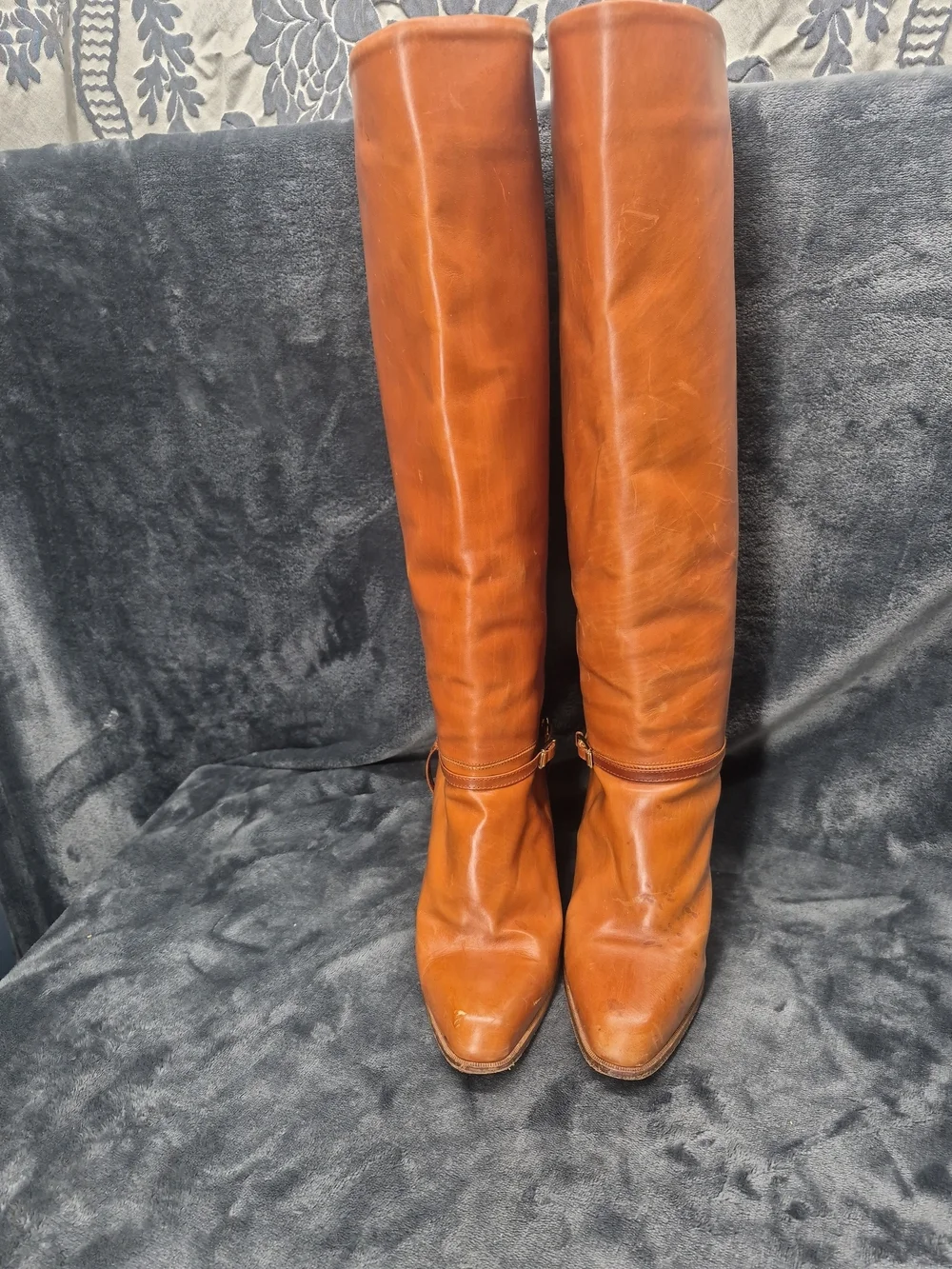 Vtg Cognac Brown Leather Classic Knee High Boots Ankle Strap Gold Tone 7.5